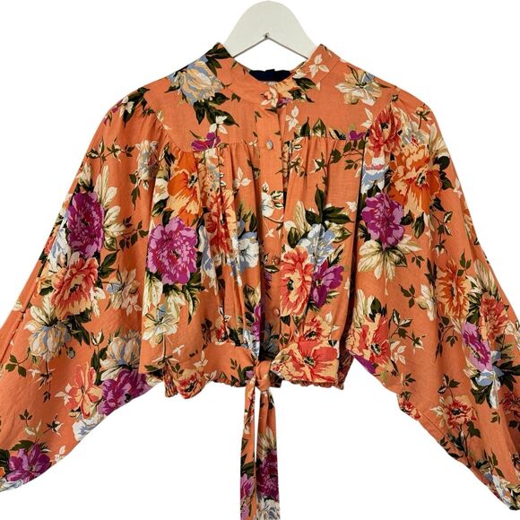 Rachel Roy Top Button Cropped Tie Smocked Balloon Sleeve Country Shabby Chic SM - Picture 1 of 12